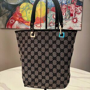 Vintage Y2K Gucci GG Canvas Small Tote Black Leather Trim